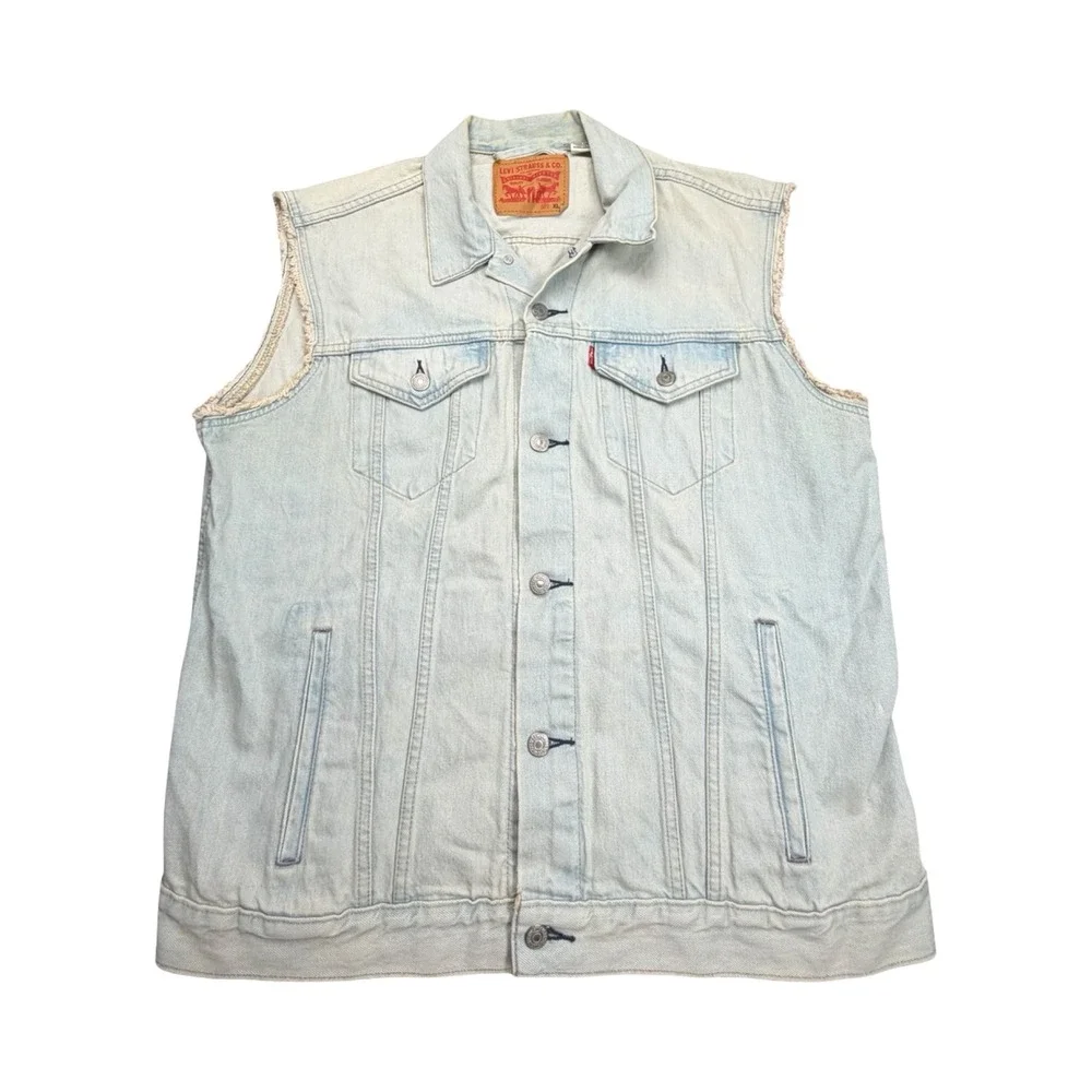 Levi Denim Vest Mens XL Light Wash Frayed Cotton Trucker Workwear